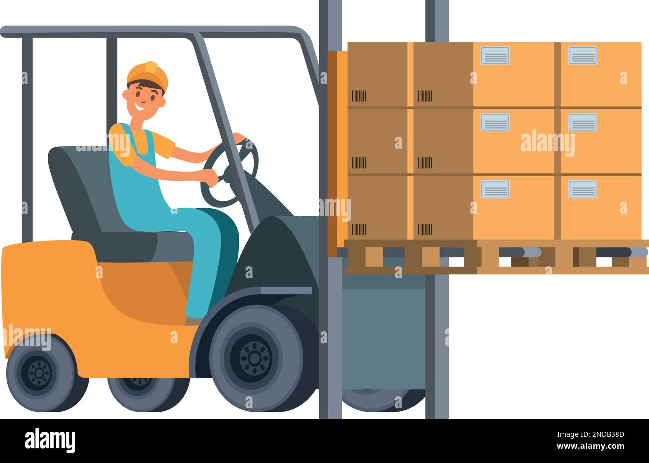 Warehouse worker riding forklift with cargo cardboard boxes Stock ...