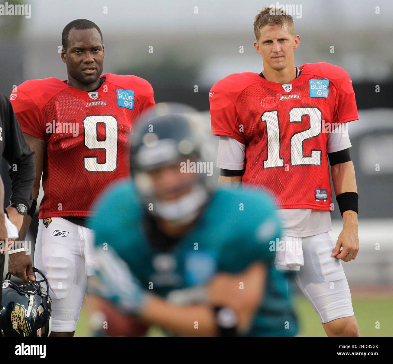 Jacksonville Jaguars quarterbacks David Garrard (9) and Byron Leftwich joke  during practice as they prepare to face the New England Patriots at  Gillette Stadium in Foxboro, MA on January 7, 2006. (UPI