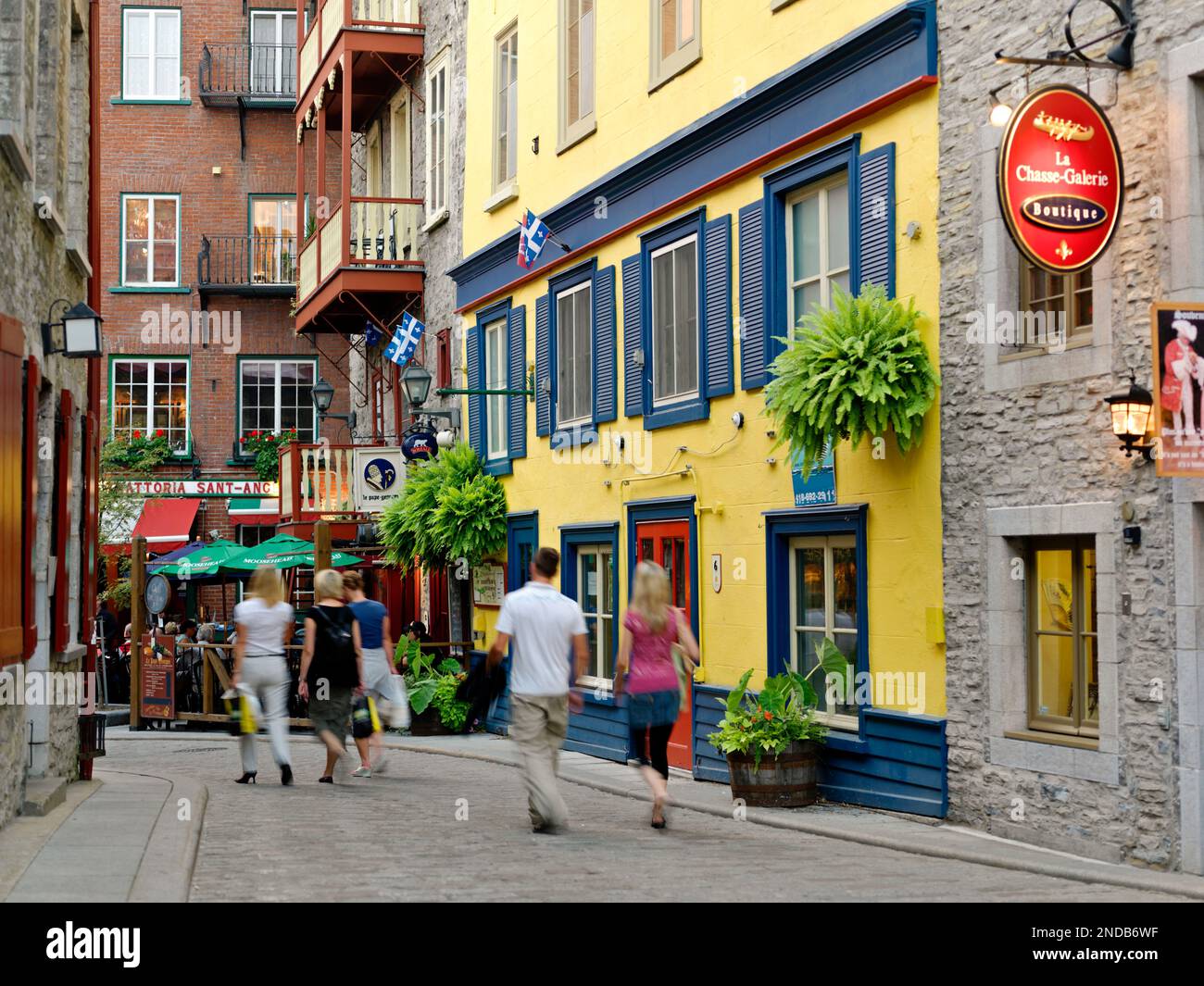 Canada,Quebec,Quebec City, Lower town with colorful shops and people Stock Photo