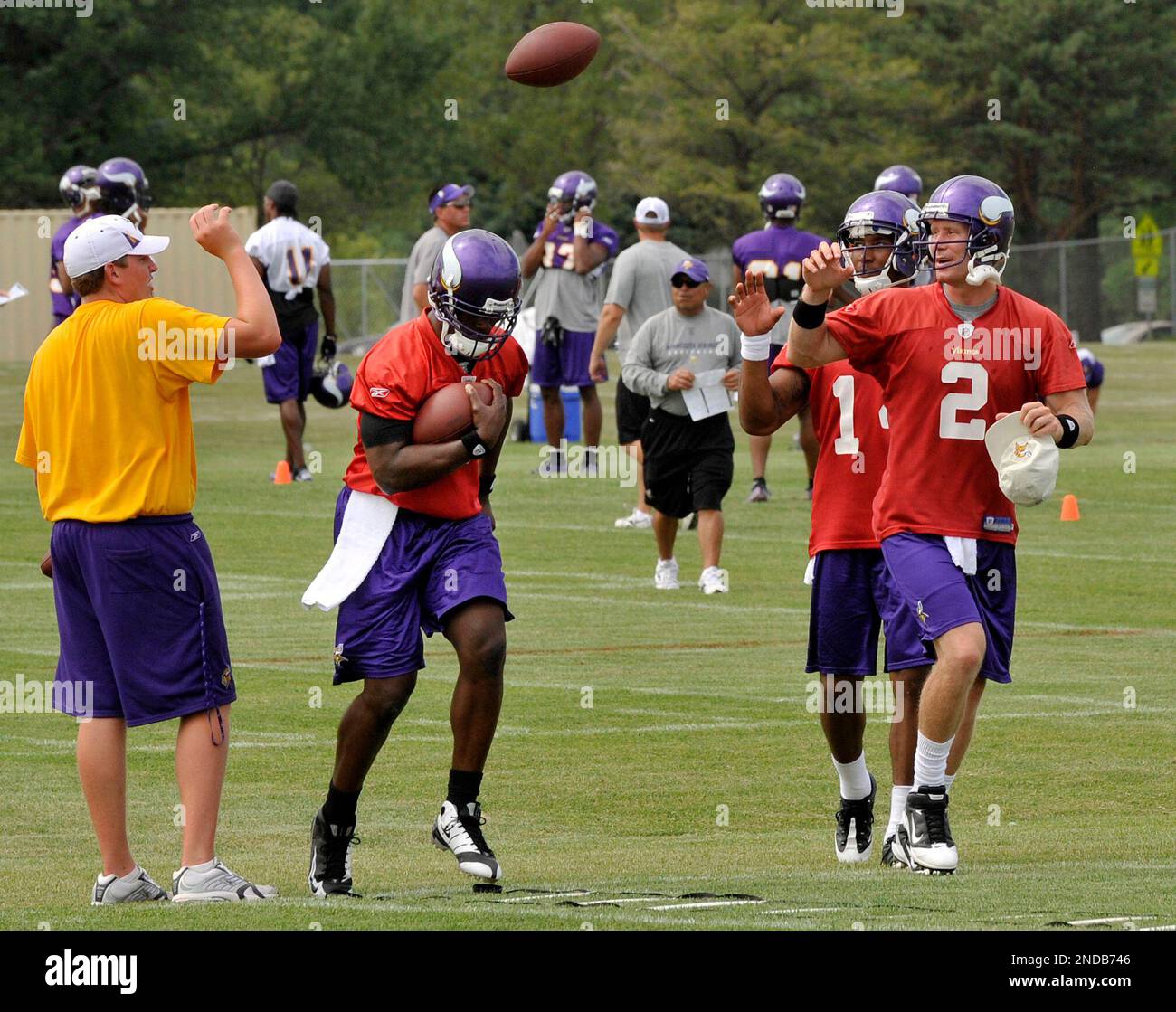 A ballboy lobs a ball as Minnesota Vikings quarterbacks Tarvaris