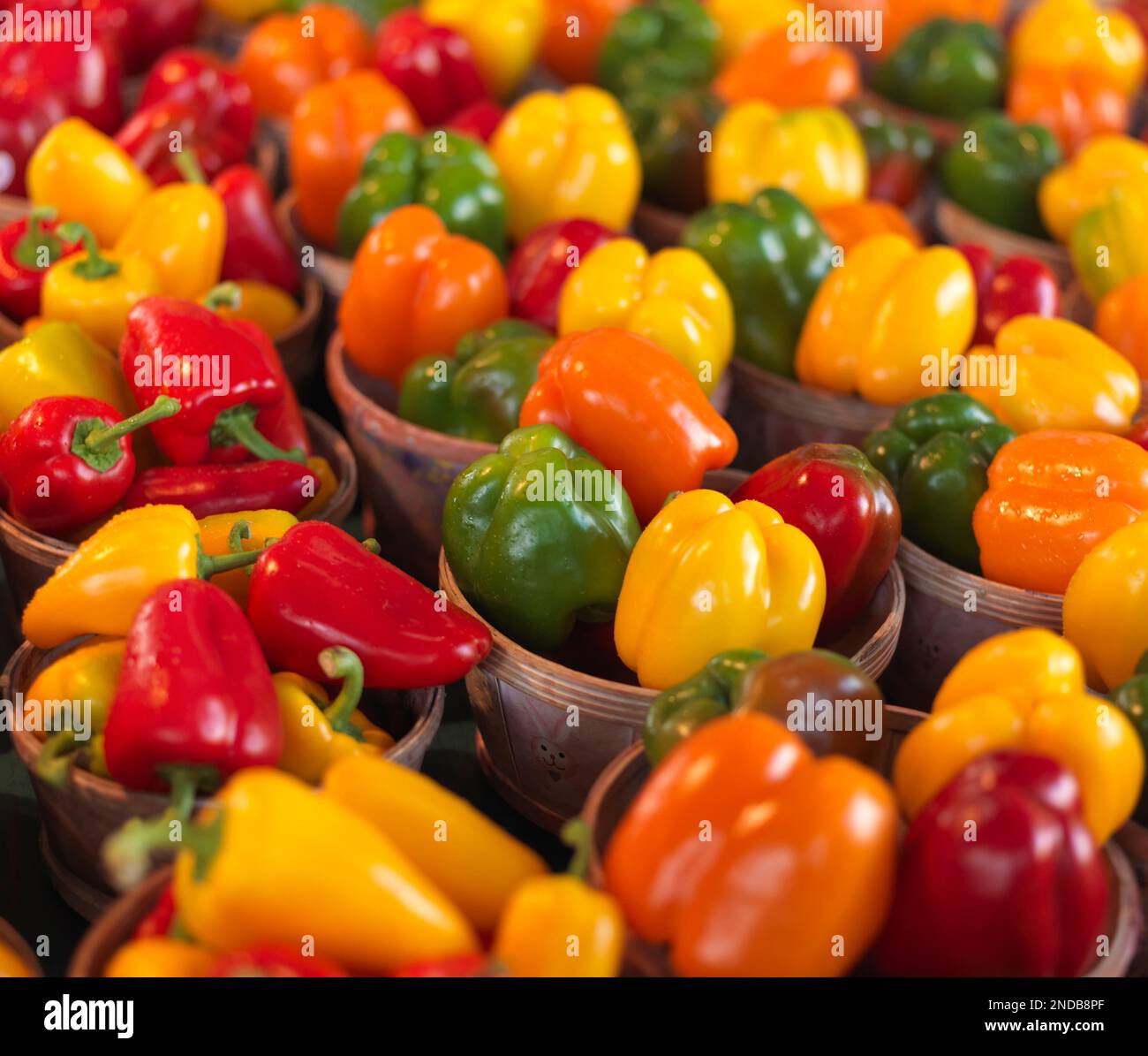 variety of peppers in baskets at a market Stock Photo