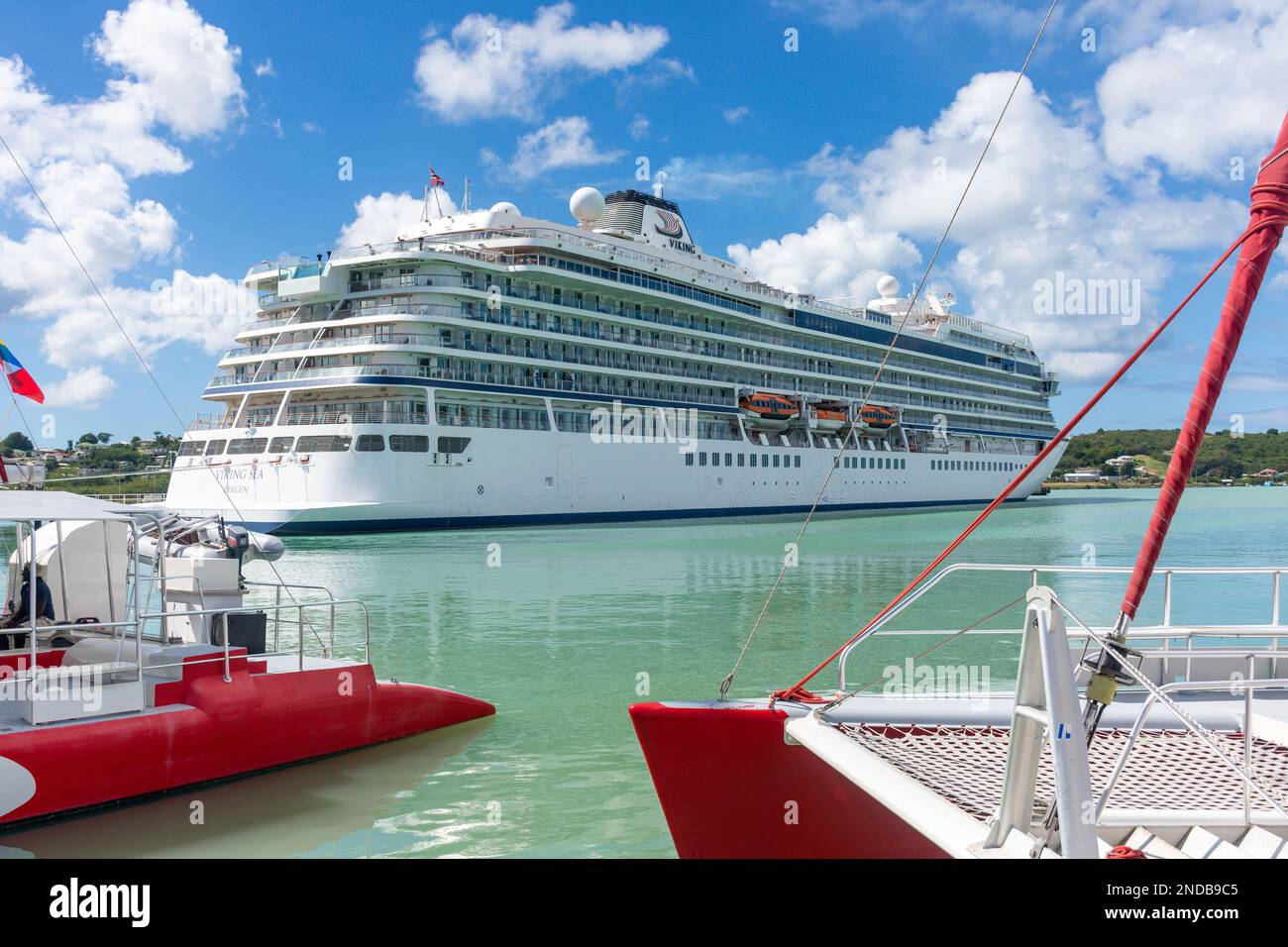 Viking Sea cruise ship docked from boardwalk, Historic Redcliffe Quay, St John's, Antigua, Antigua and Barbuda, Caribbean, Caribbean Stock Photo