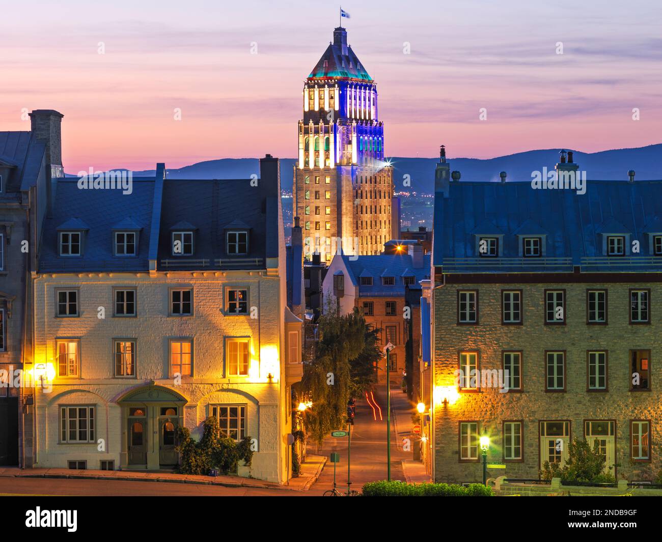 Canada, Quebec, Quebec City, view of city street at dusk Stock Photo