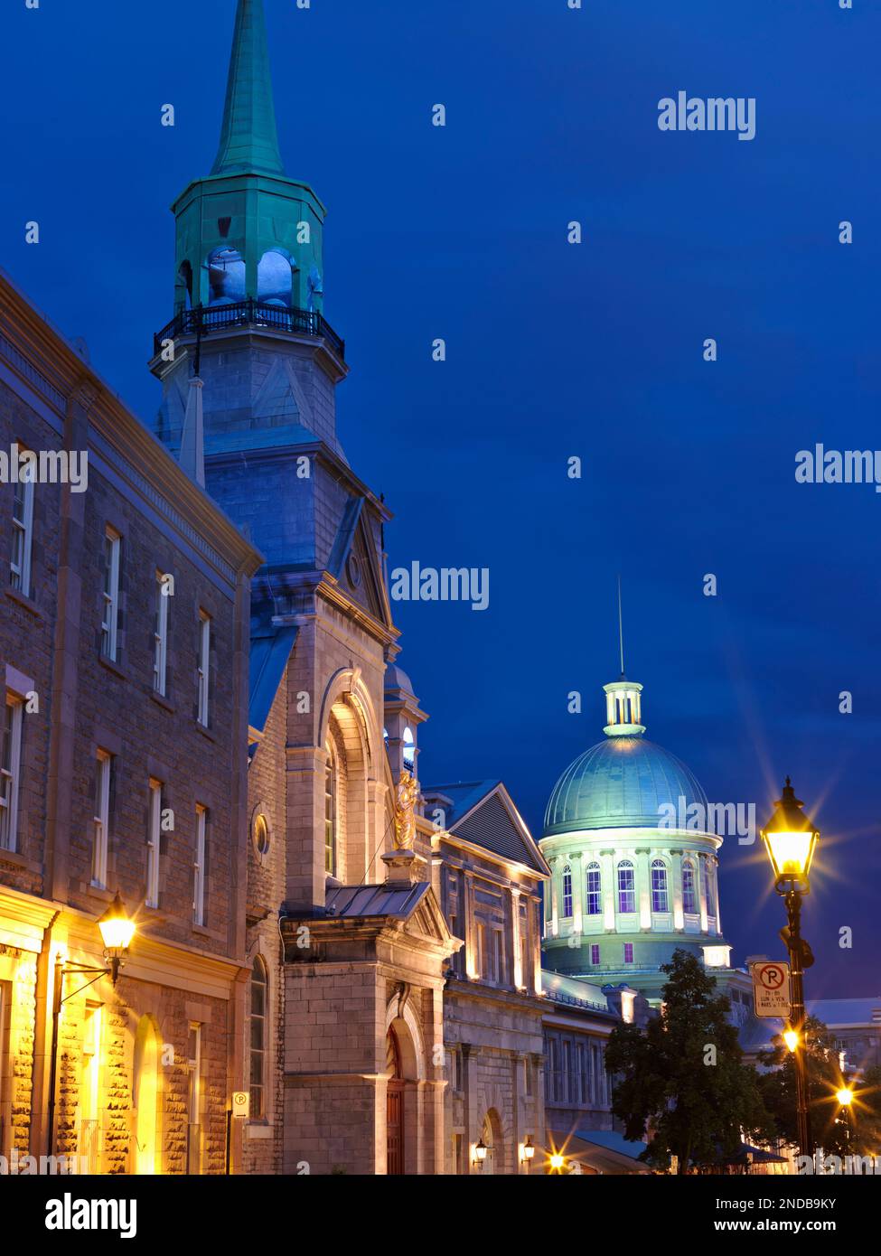 Canada, Quebec, Montreal, Notre-Dame-de-Bon-Secours Chapel in the district of Old Montreal, built in 1771. As viewed illuminated at dusk. Stock Photo