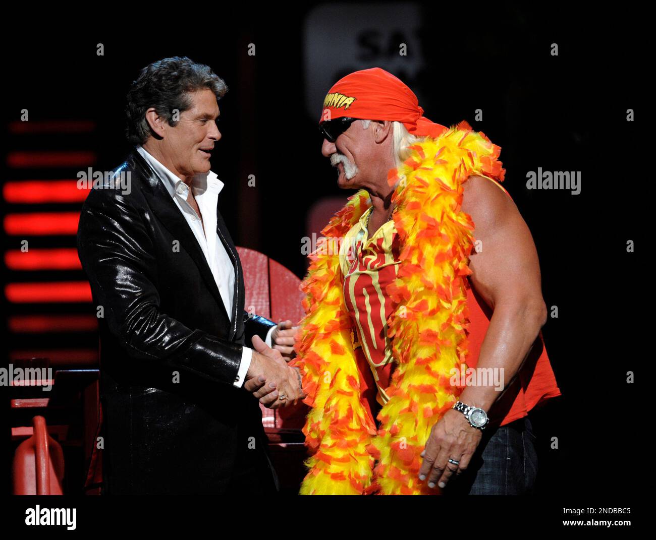 Hulk Hogan shakes hands with actor David Hasselhoff at the Comedy Central Roast of David Hasselhoff on Sunday, Aug. 1, 2010. (AP Photo/Dan Steinberg) Stock Photo