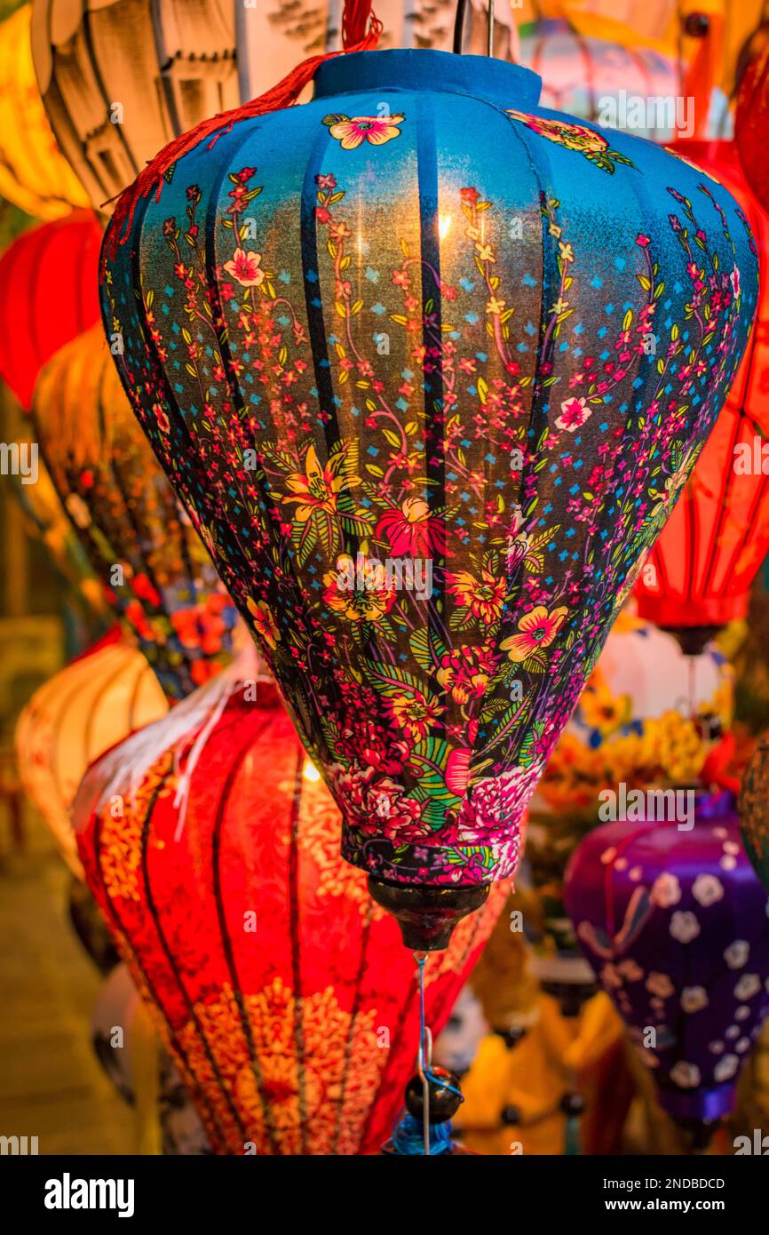 Blue and colorful lantern lanterns by night in Hoi An, Vietnam Stock