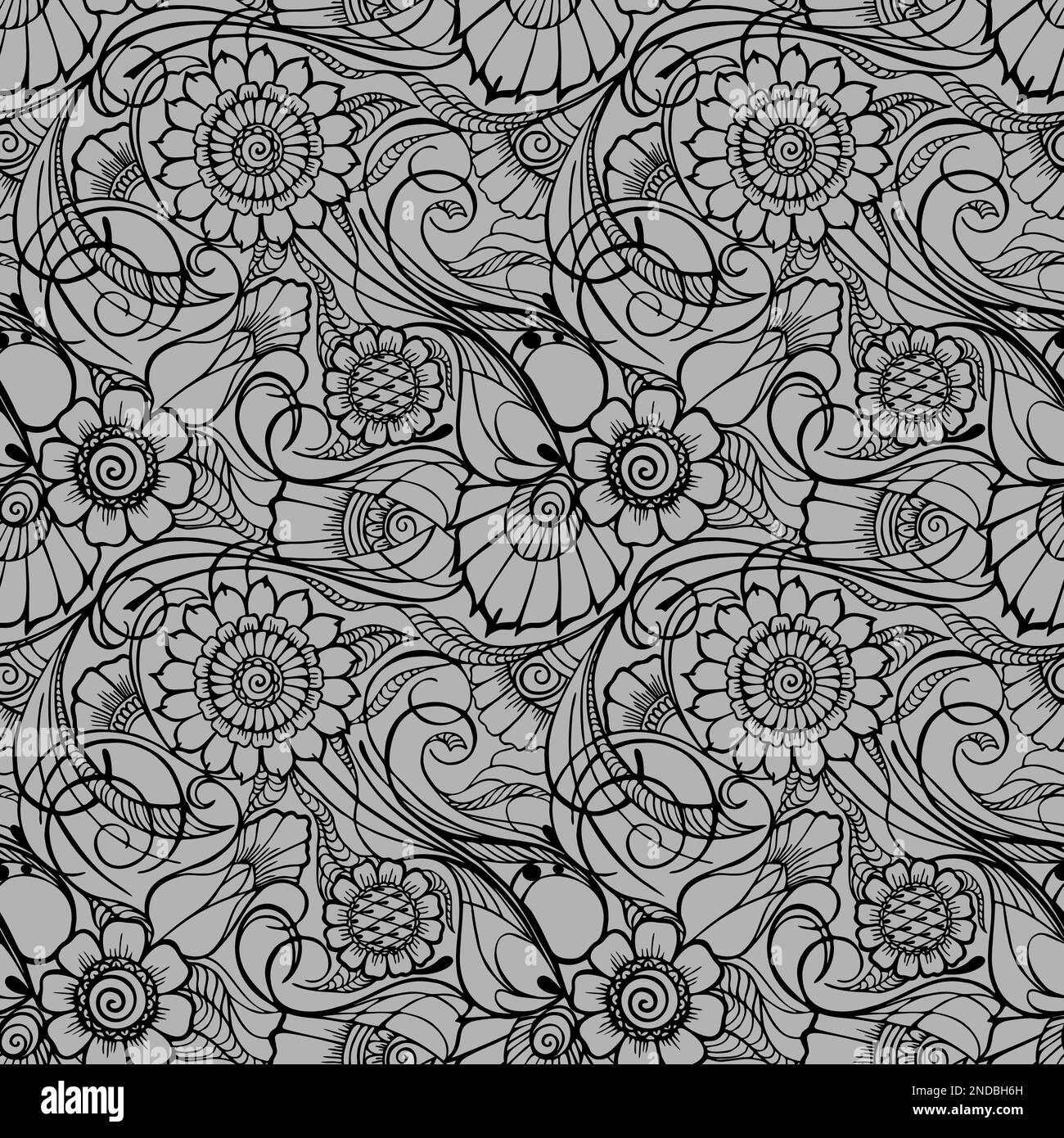 seamless floral pattern, oriental motifs, contour black floral pattern on a gray background, texture, background Stock Photo