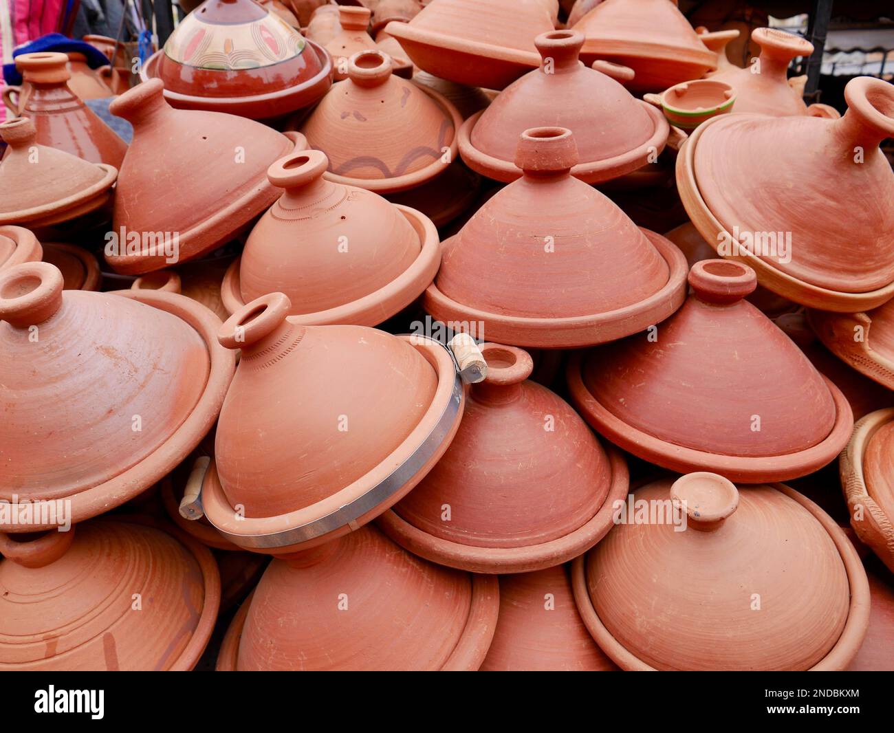 Earthenware tajine pots for sale in souk of Marrakech, Morocco. Stock Photo