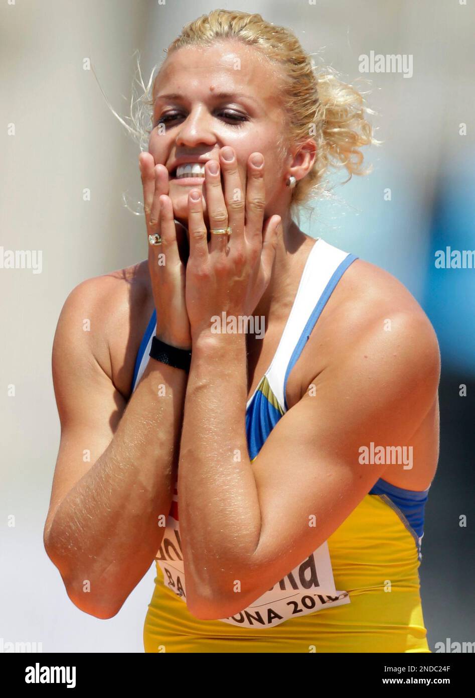 Ukraine's Nataliya Dobrynska reacts during the Women's High Jump
