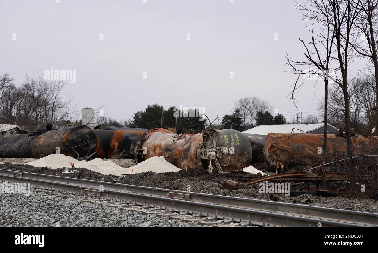 East Palestine, USA. 15th Feb, 2023. Train wreckage from the Feb. 3 derailment is seen piled up