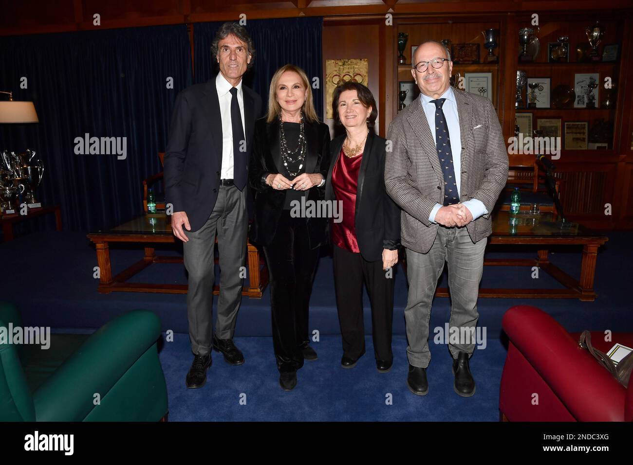 Rome, Italy. 15th Feb, 2023. Rome : Aniene Circle . Book presentation Scratches that are good for the heart. In the photo: Federico Coccia, Rosanna Lambertucci, Minister Eugenio Maria Roccella Credit: Independent Photo Agency/Alamy Live News Stock Photo