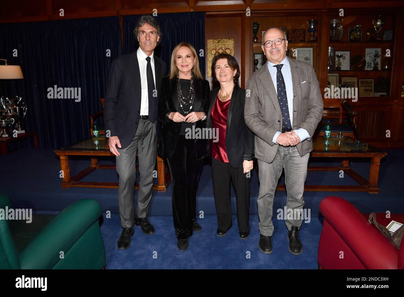 Rome, Italy. 15th Feb, 2023. Rome : Aniene Circle . Book presentation Scratches that are good for the heart. In the photo: Federico Coccia, Rosanna Lambertucci, Minister Eugenio Maria Roccella Credit: Independent Photo Agency/Alamy Live News Stock Photo