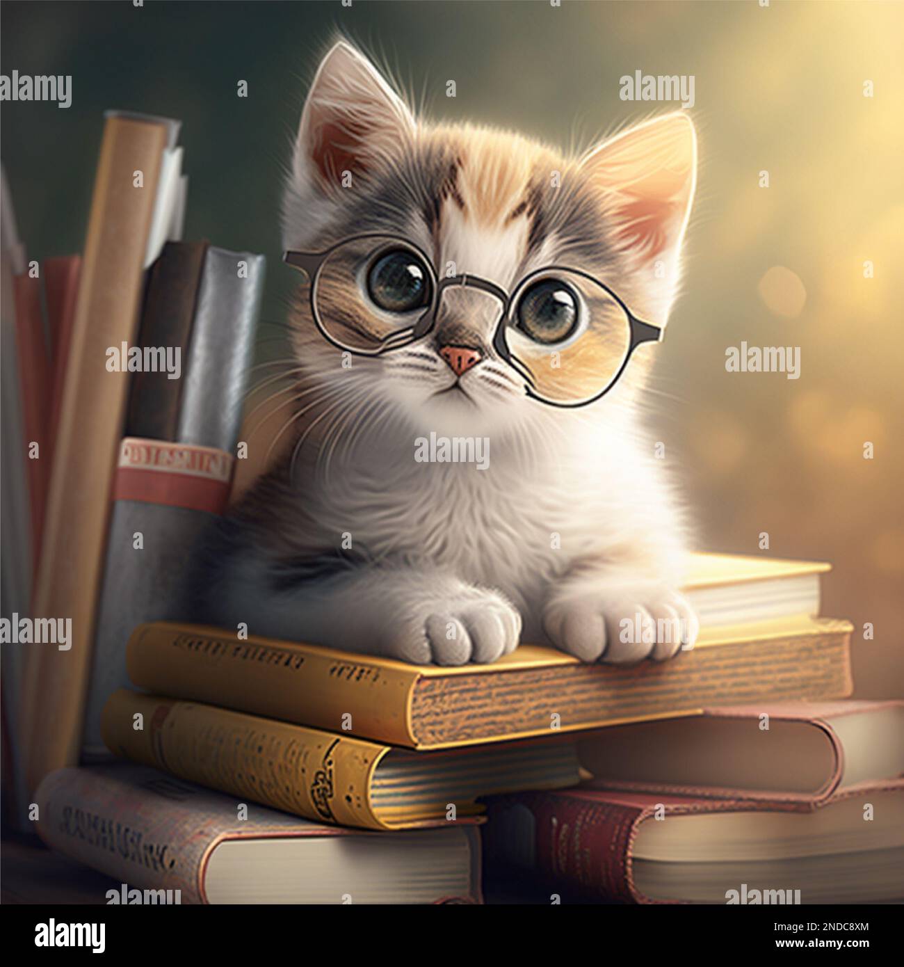 Cute little cat with books on light background ps 10 Stock Photo