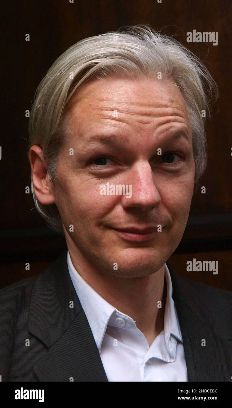 Founder and editor of the WikiLeaks website, Julian Assange, faces the media during a debate event, held in London Tuesday July 27, 2010. On Sunday, the online whistle-blower website WikiLeaks released some 90,000 leaked U.S. army and intelligence documents relating to the war in Afghanistan, which have been highlighted as potentially putting American military lives at risk, although Assange says there is "no reason" to doubt the reliability of the leaked documents.(AP PHOTO/Max Nash) Stock Photo