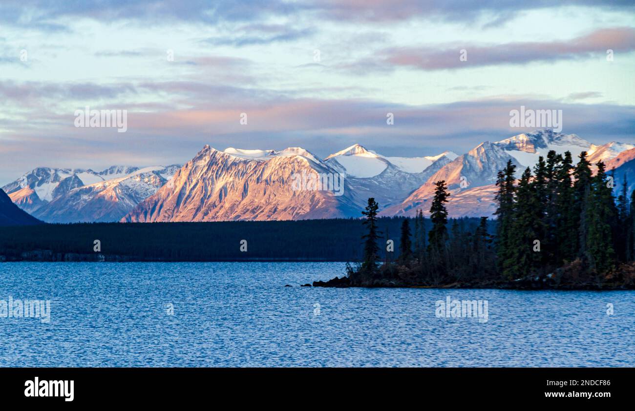 Coast mountains and Atlin Lake, winter sunrise, looking northwest with