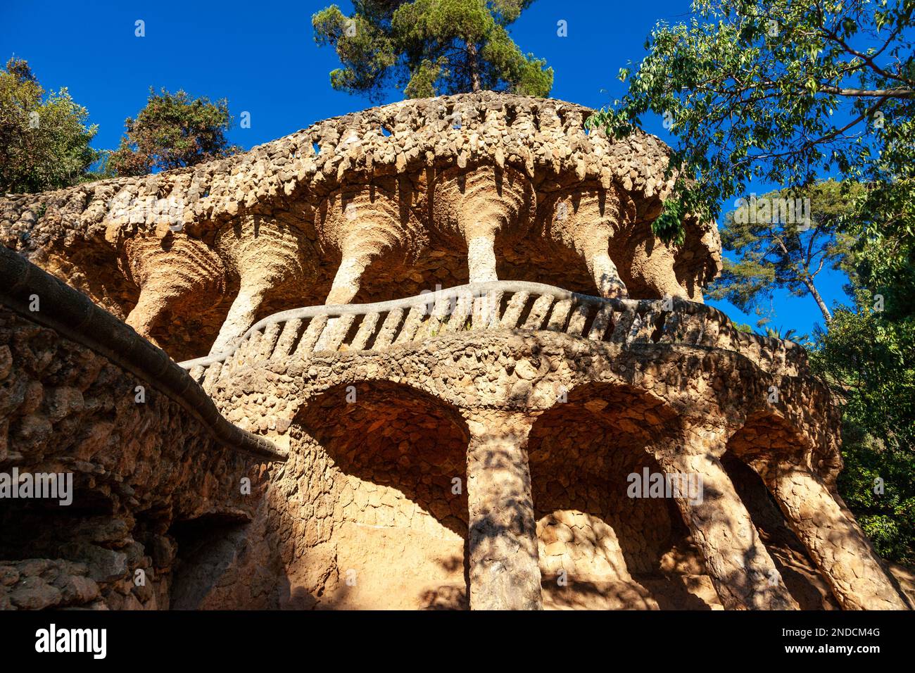 The viaduct at the Gaudi architecture at Park Güell in Barcelona, Spain Stock Photo