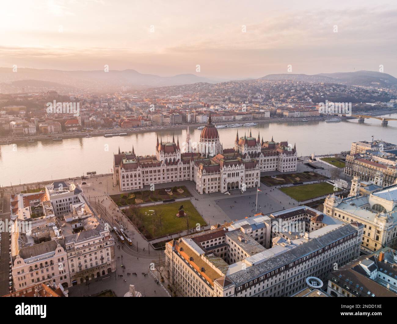 Awe Inspiring Drone Shot of Hungarian Parliament Building and Danube