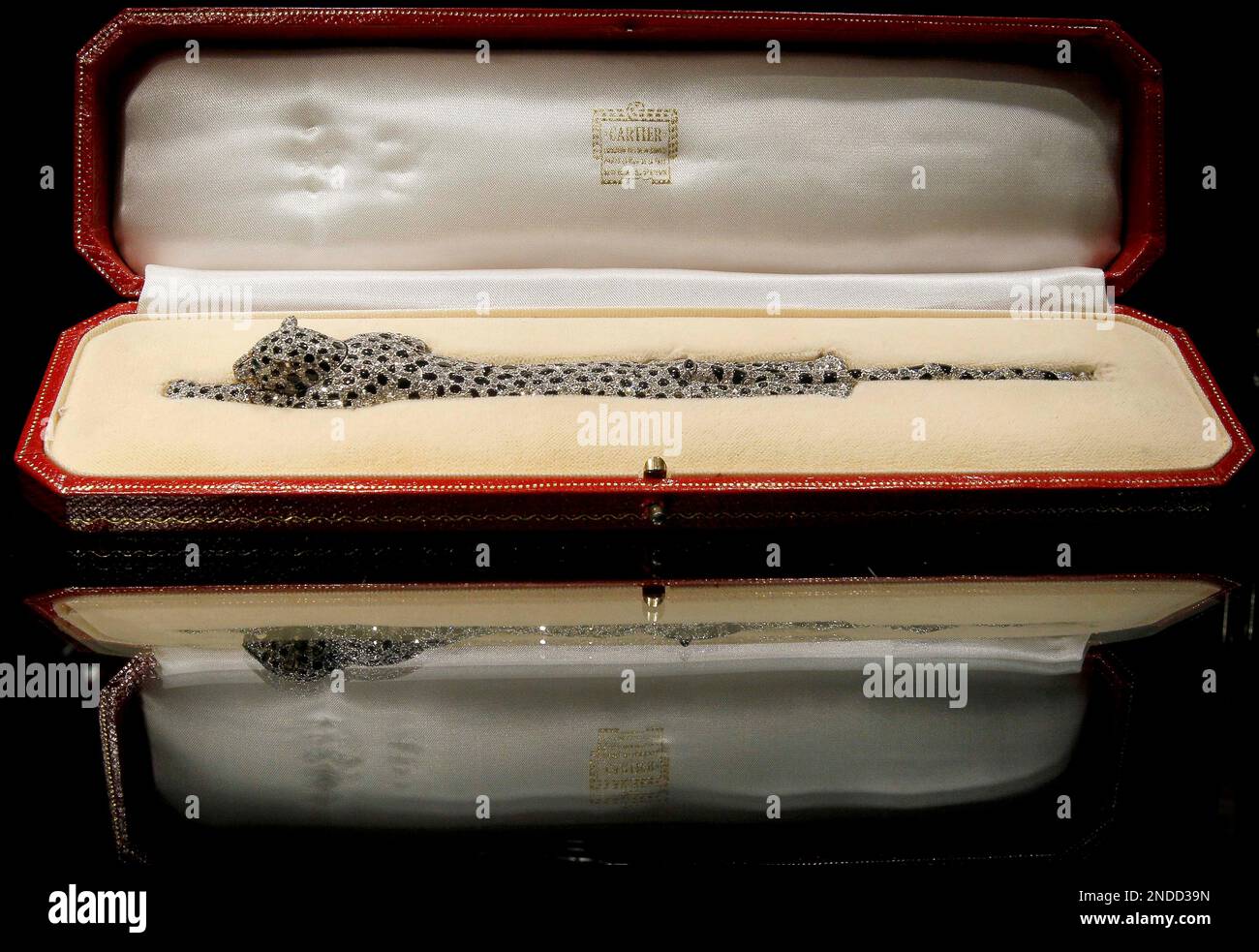 An onyx and diamond panther bracelet by Cartier that once belonged to Wallis Simpson is seen displayed at Sotheby s auction rooms in London Thursday July 22 2010. The bracelet one of twenty