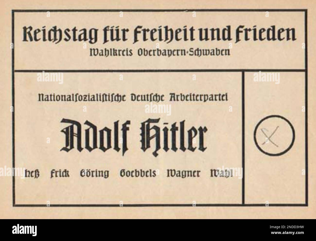 ADOLF HITLER (1889-1945)  Voting slip for the 1936 Elections contained only his name. Stock Photo