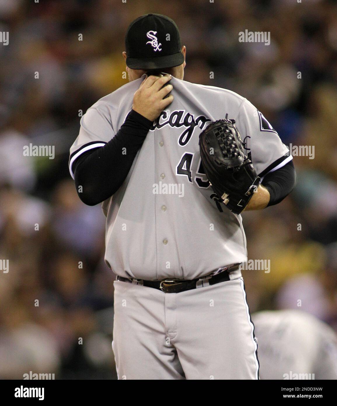 Chicato White Sox closing pitcher Bobby Jenks stands on the mound in the  11th inning shortly before allowing Seattle Mariners' Franklin Gutierrez to  hit a walk-off RBI single to give the Mariners