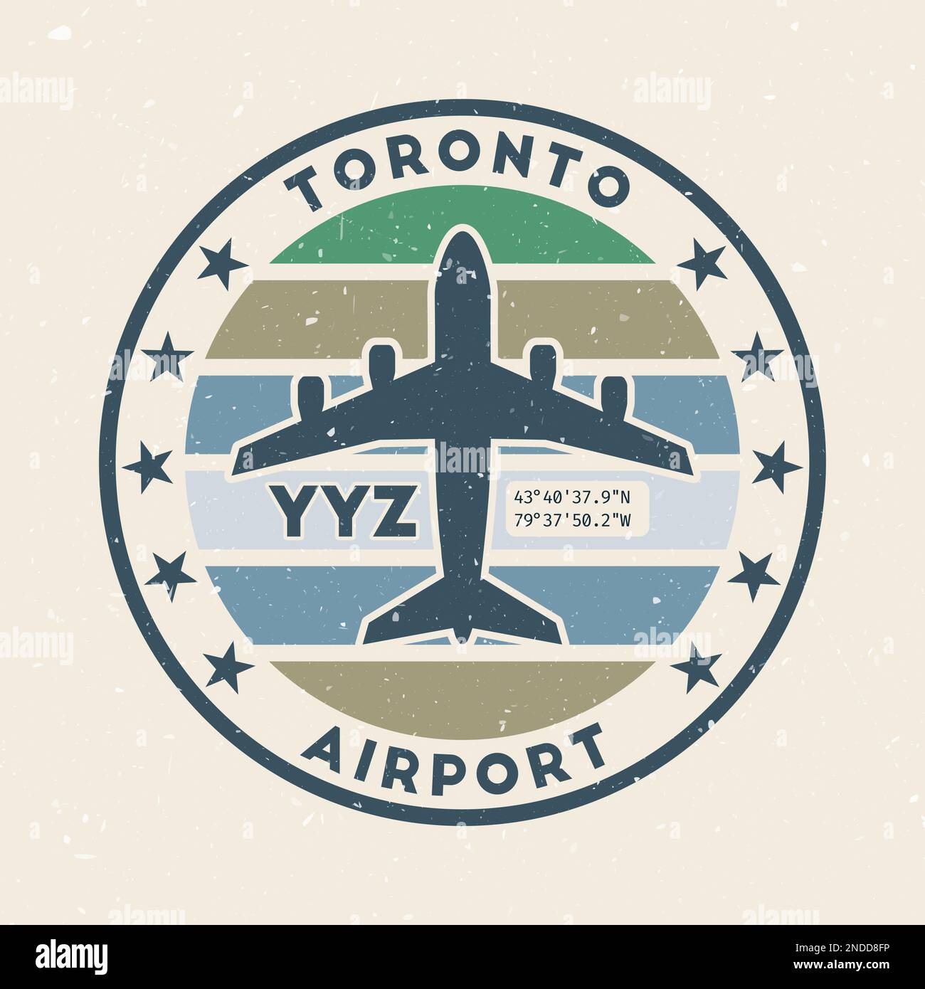 Toronto airport insignia. Round badge with vintage stripes, airplane shape, airport IATA code and GPS coordinates. Charming vector illustration. Stock Vector
