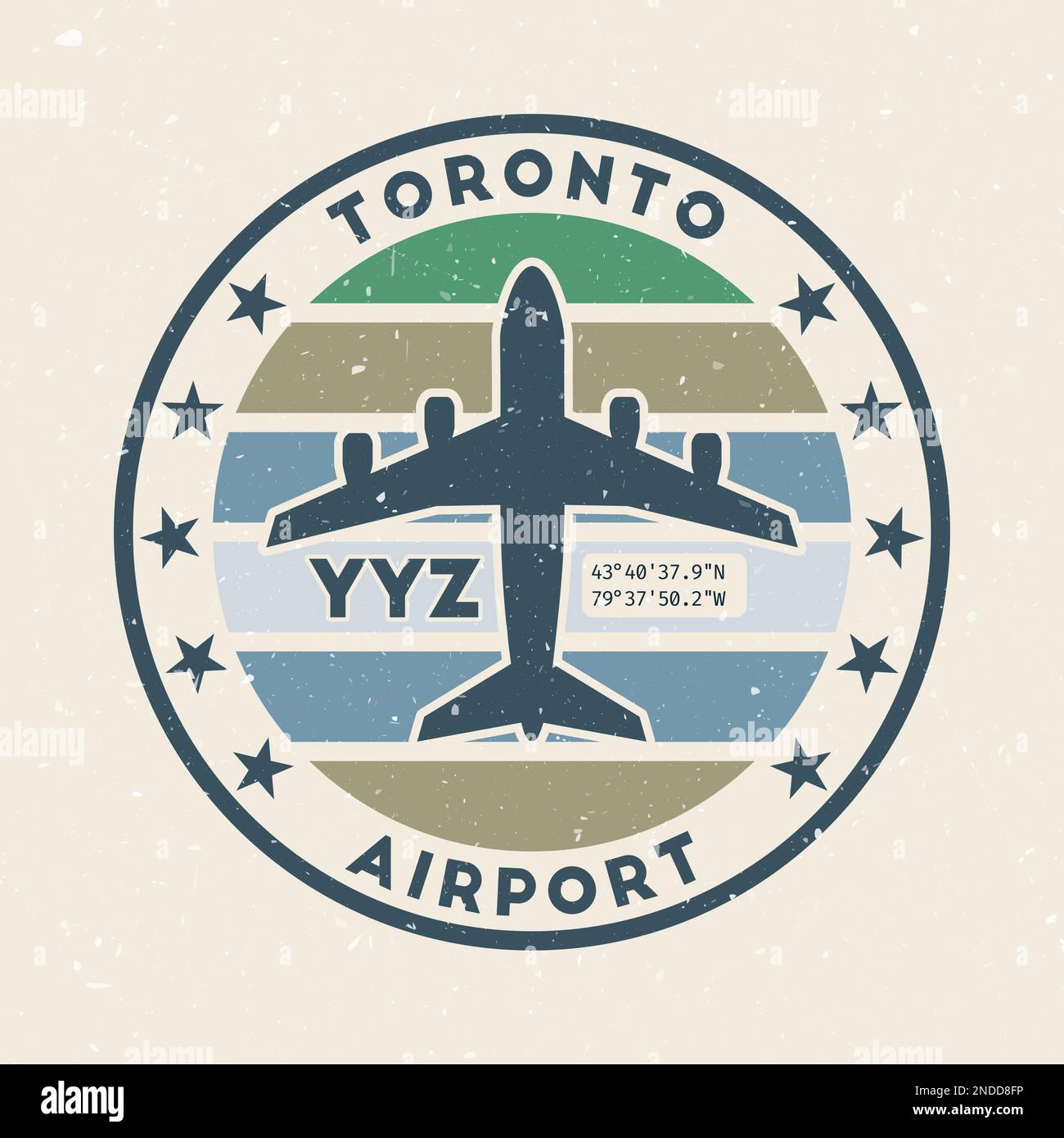 Toronto airport insignia. Round badge with vintage stripes, airplane