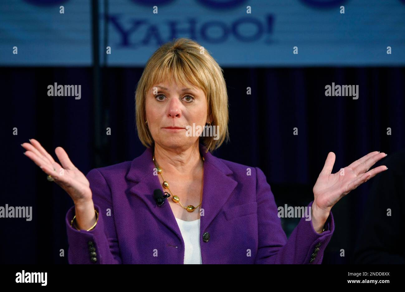 FILE - In this March 2, 2010 file photo, Yahoo CEO Carol Bartz gestures at Yahoo headquarters in Sunnyvale, Calif. Yahoo Inc.'s turnaround effort wavered in the second quarter as the Internet company's lackluster revenue growth overshadowed a surge in net income. The results released Tuesday July 20, 2010, could cause some investors to doubt the strategy of Yahoo's no-nonsense CEO, Carol Bartz, who was hired 18 months ago to lead the company out of a prolonged financial funk that has depressed its stock. (AP Photo/Paul Sakuma, file) Stock Photo
