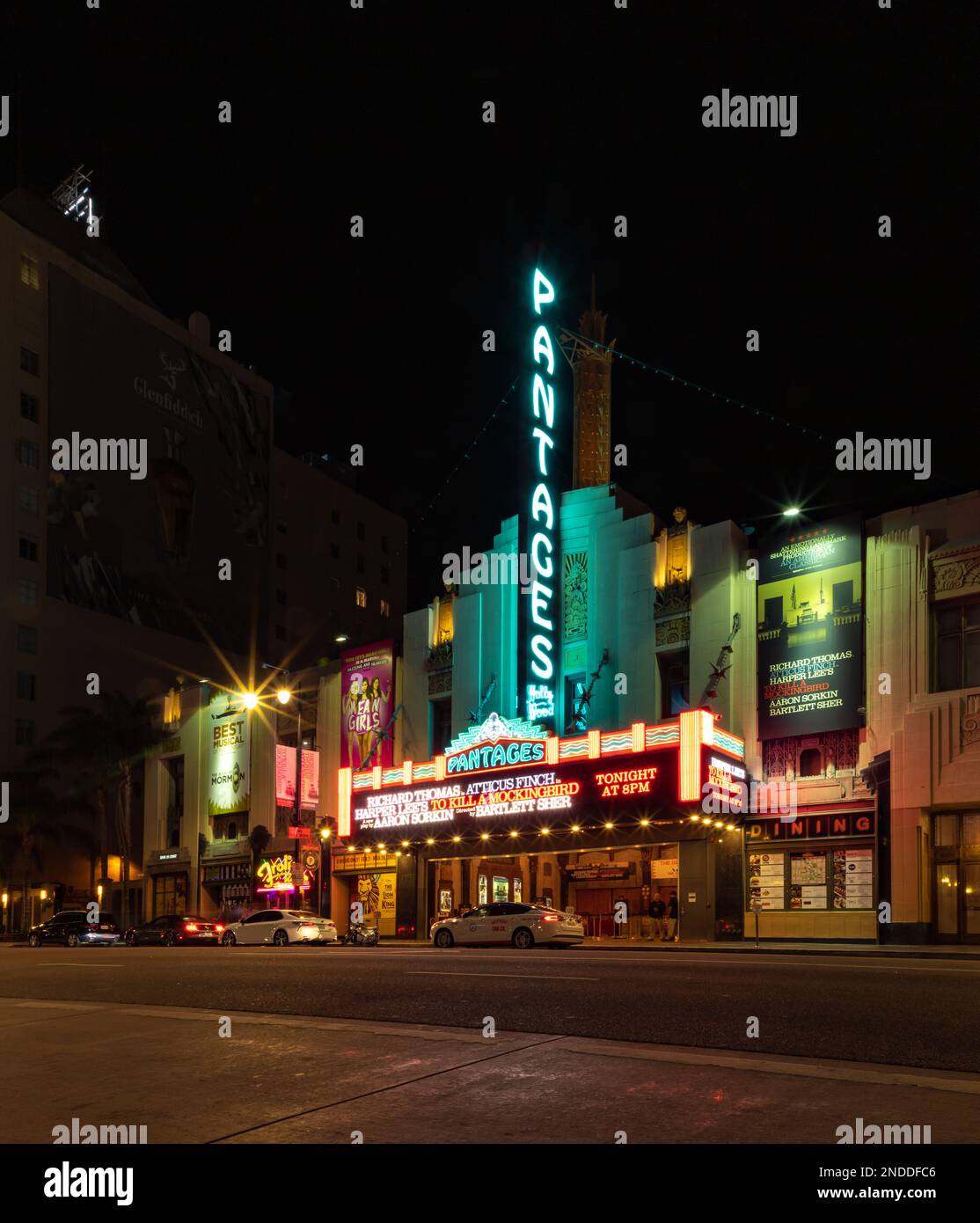 A picture of the Hollywood Pantages Theatre at night. Stock Photo