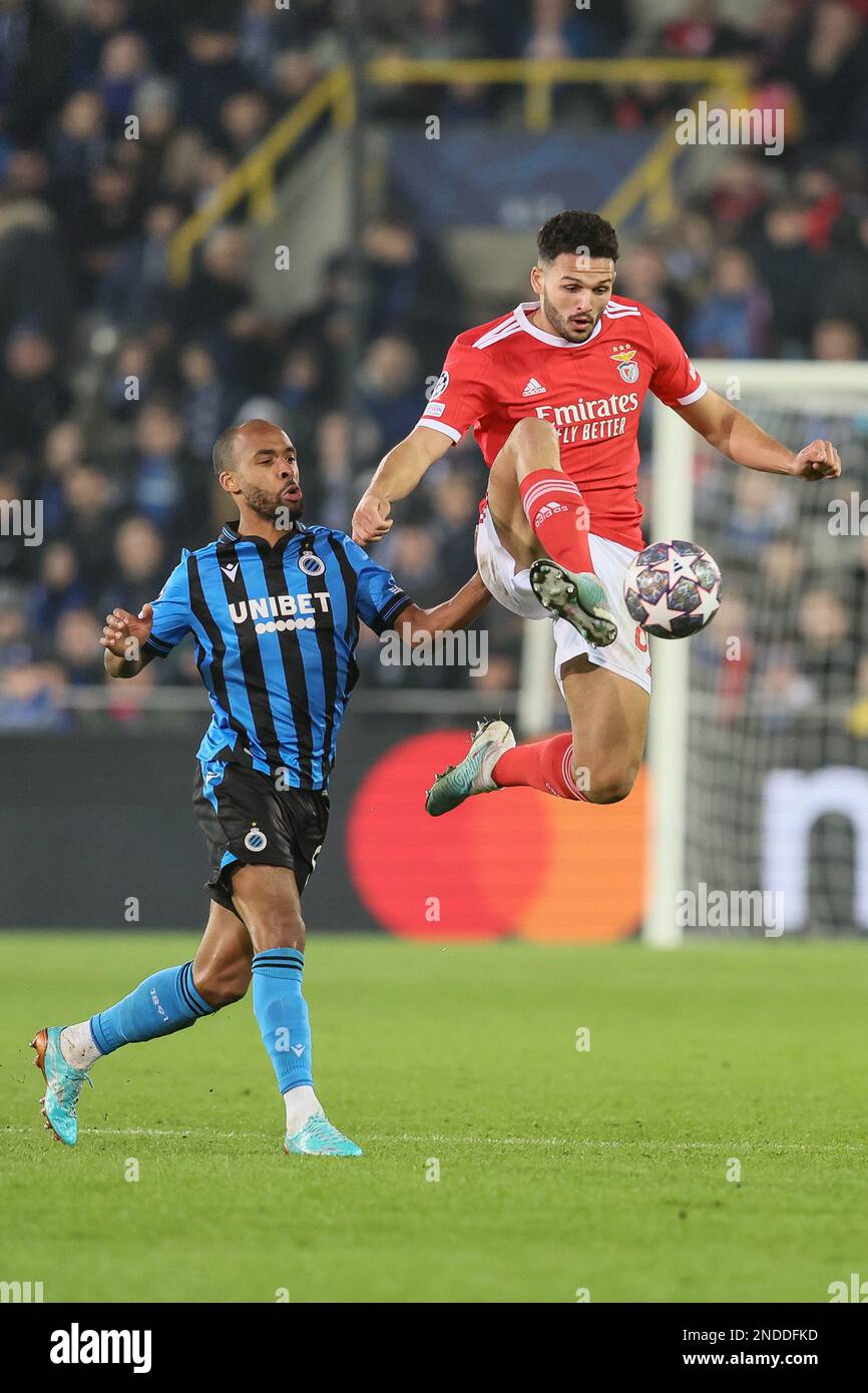 Club's Denis Odoi and Benfica's Goncalo Ramos fight for the ball during a soccer game between Belgian Club Brugge KV and Portuguese Sport Lisboa e Benfica, Wednesday 15 February 2023 in Brugge, the first leg of the round of 16 of the UEFA Champions League competition. BELGA PHOTO BRUNO FAHY Stock Photo