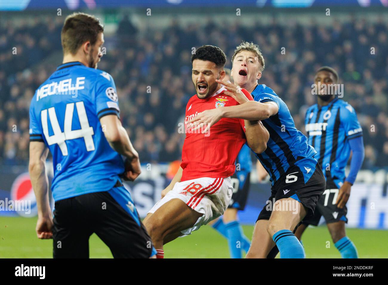 Benfica's Rodrigo Pinho and Club's Jack Hendry fight for the ball during a soccer game between Belgian Club Brugge KV and Portuguese Sport Lisboa e Benfica, Wednesday 15 February 2023 in Brugge, the first leg of the round of 16 of the UEFA Champions League competition. BELGA PHOTO KURT DESPLENTER Stock Photo