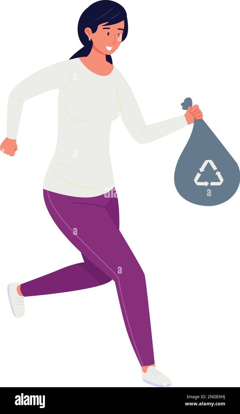 Woman running recycle trash bag. Waste dumping isolated on white