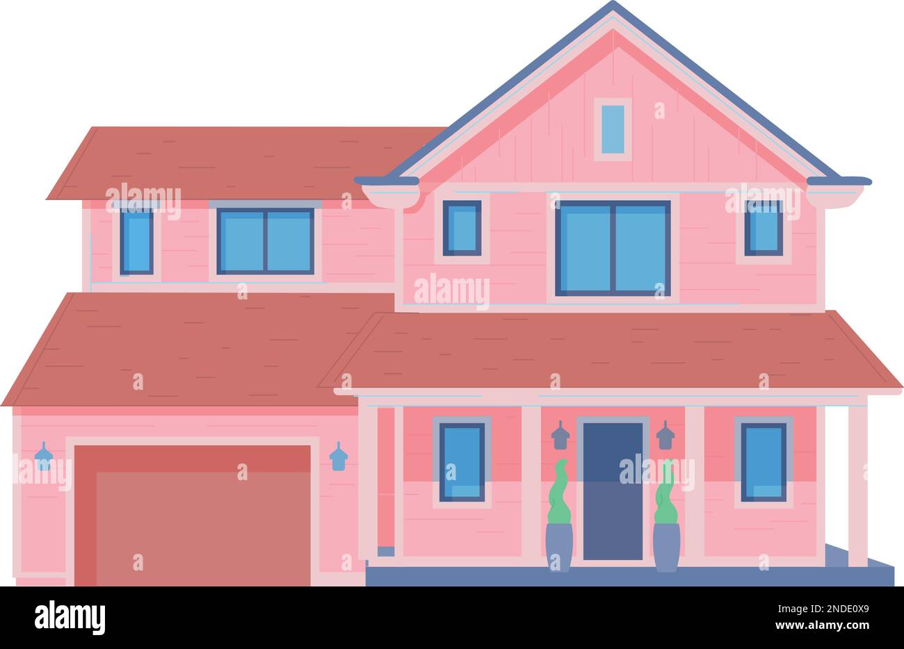 Cottage front side. Suburban house with garage facade isolated on white ...