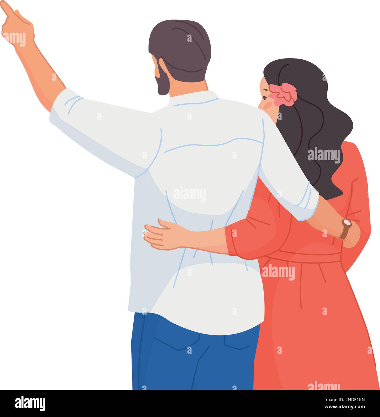 Happy couple together rear view. Loving relationship isolated on white background Stock Vector