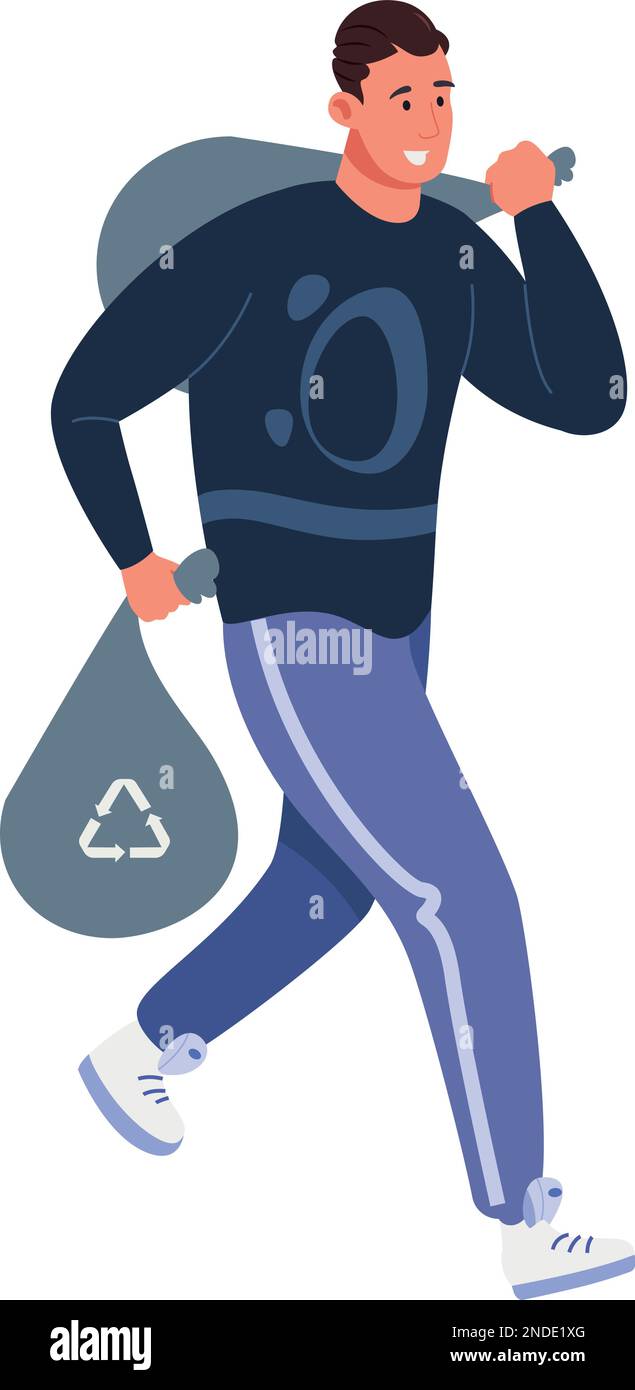 Man carrying trash bags. Rubbish waste recycle isolated on white