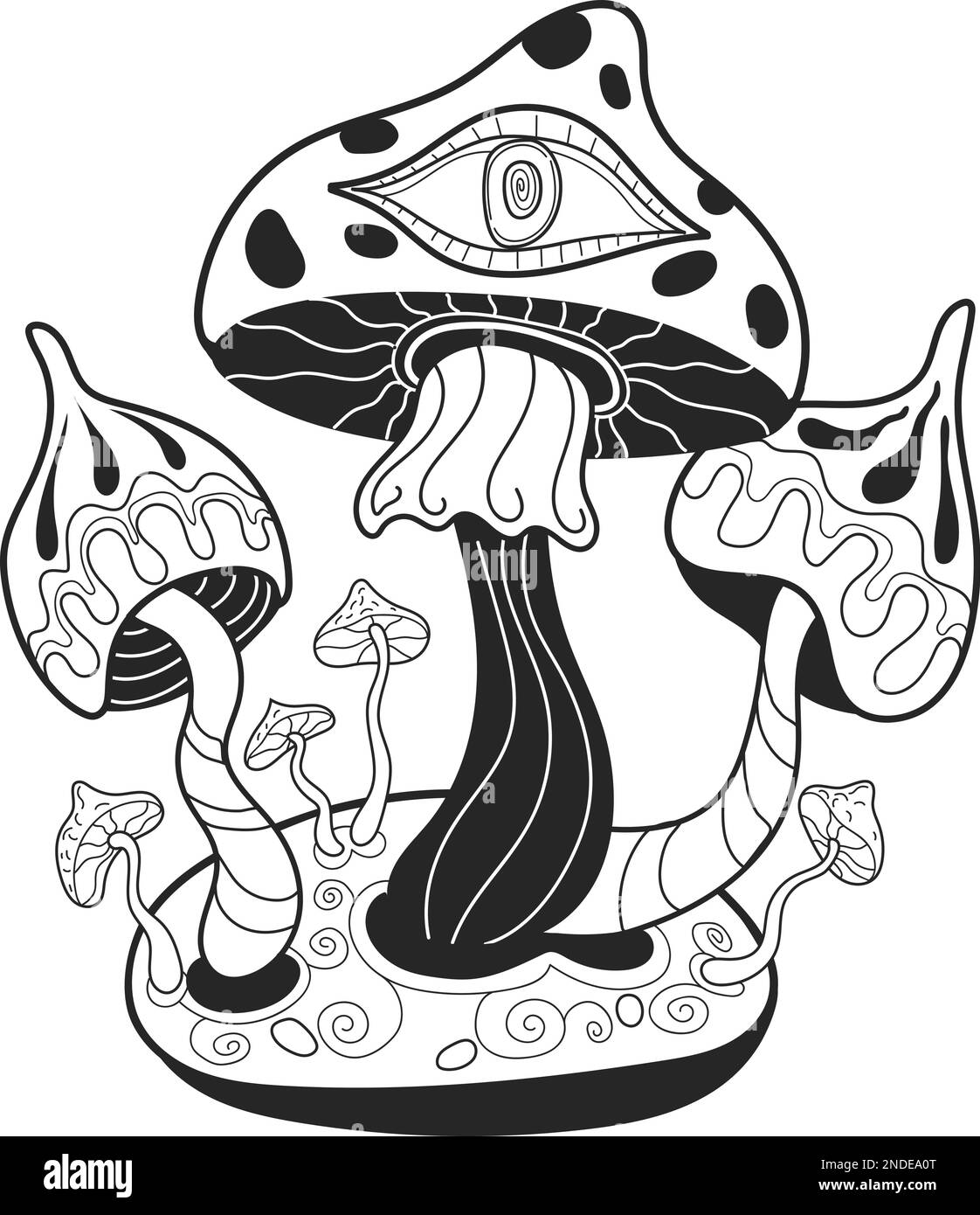 Esoteric mushroom. Mystic witchcraft symbol. Boho tattoo isolated on white background Stock Vector