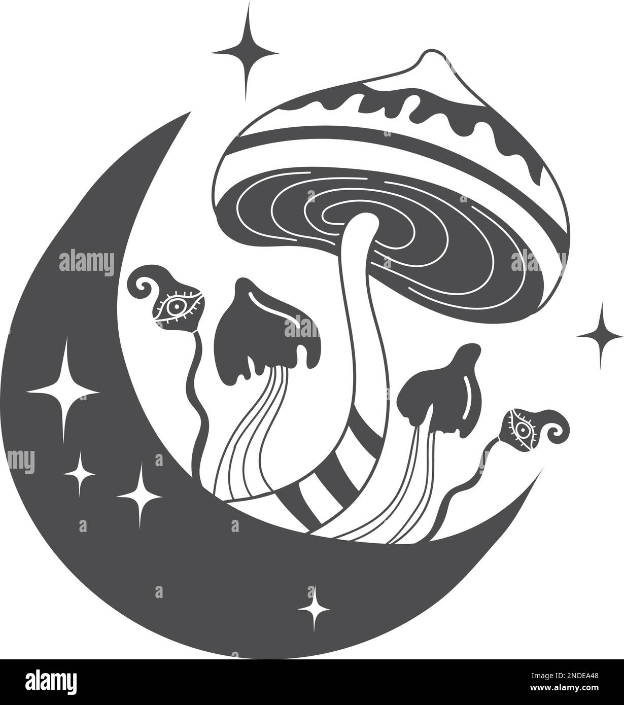 Mystic mushroom on moon crescent. Celestial witch symbol isolated on white background Stock Vector