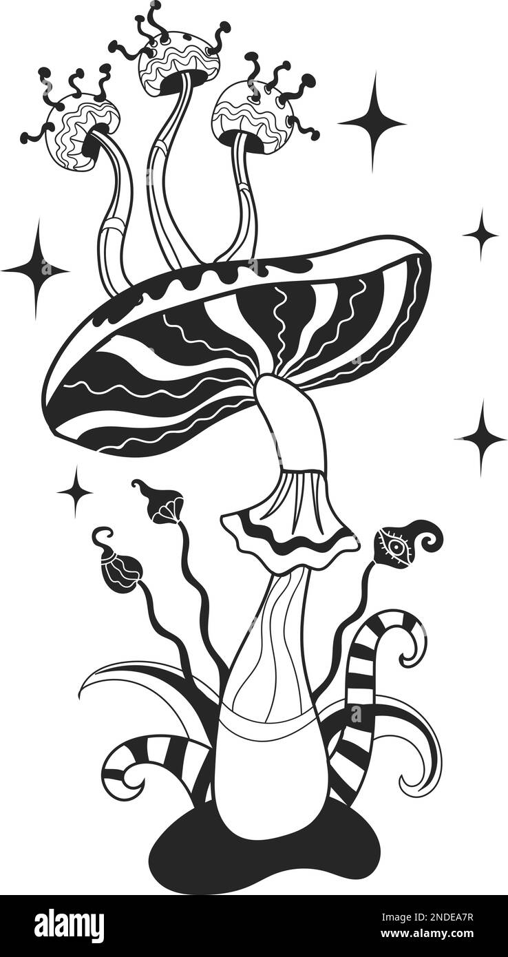 Spiritual witchcraft drawing. Magic mushroom. Alchemy ingredient isolated on white background Stock Vector