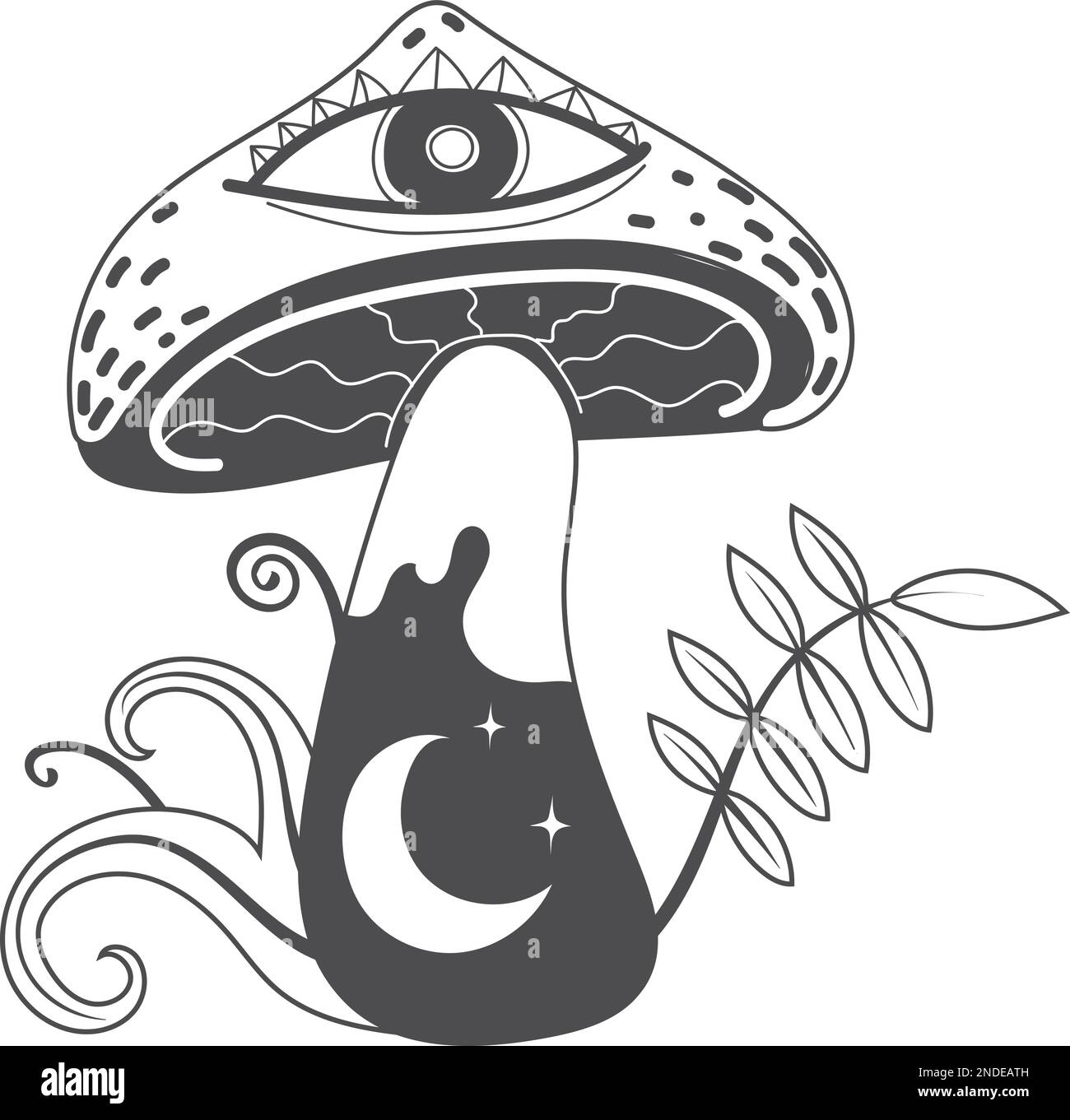 Occult mushroom tattoo. Spiritual esoteric boho drawing isolated on white background Stock Vector