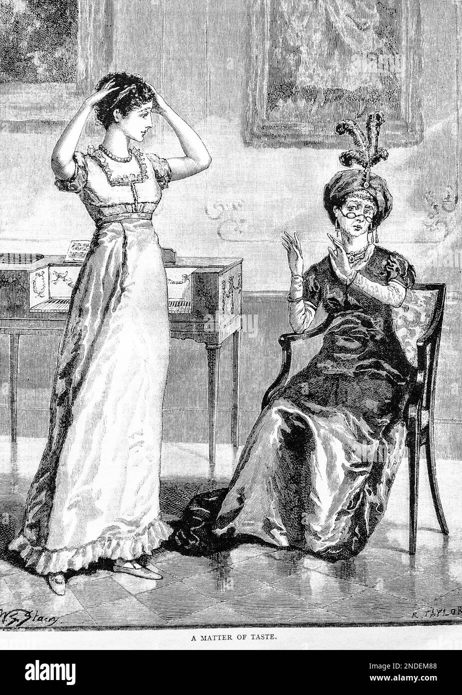 A 19th century sketch of two women obviously discussing taste in fashion, entitled, A Matter of Taste”  from the Girls Own Paper of 1887. Stock Photo