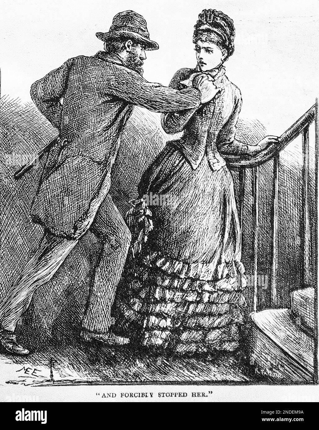 A 19th sketch of a man behaving aggressively towards a woman and appearing to restrain her entitled, ‘and forcibly stopped her’ from the Girls Own Paper of 1887. Stock Photo