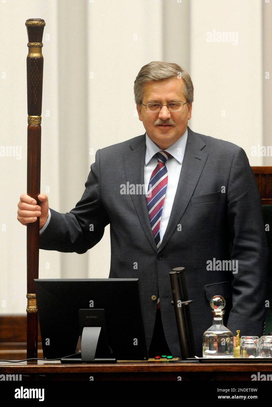 Poland's President-elect Bronislaw Komorowski, also Parliament Speaker and acting president, opens his last session as parliament speaker at the parliament in Warsaw, Poland, Wednesday, July 7, 2010. Komorowski announced he will resign Thursday morning from his parliament speaker's post. (AP Photo/Alik Keplicz) Stock Photo