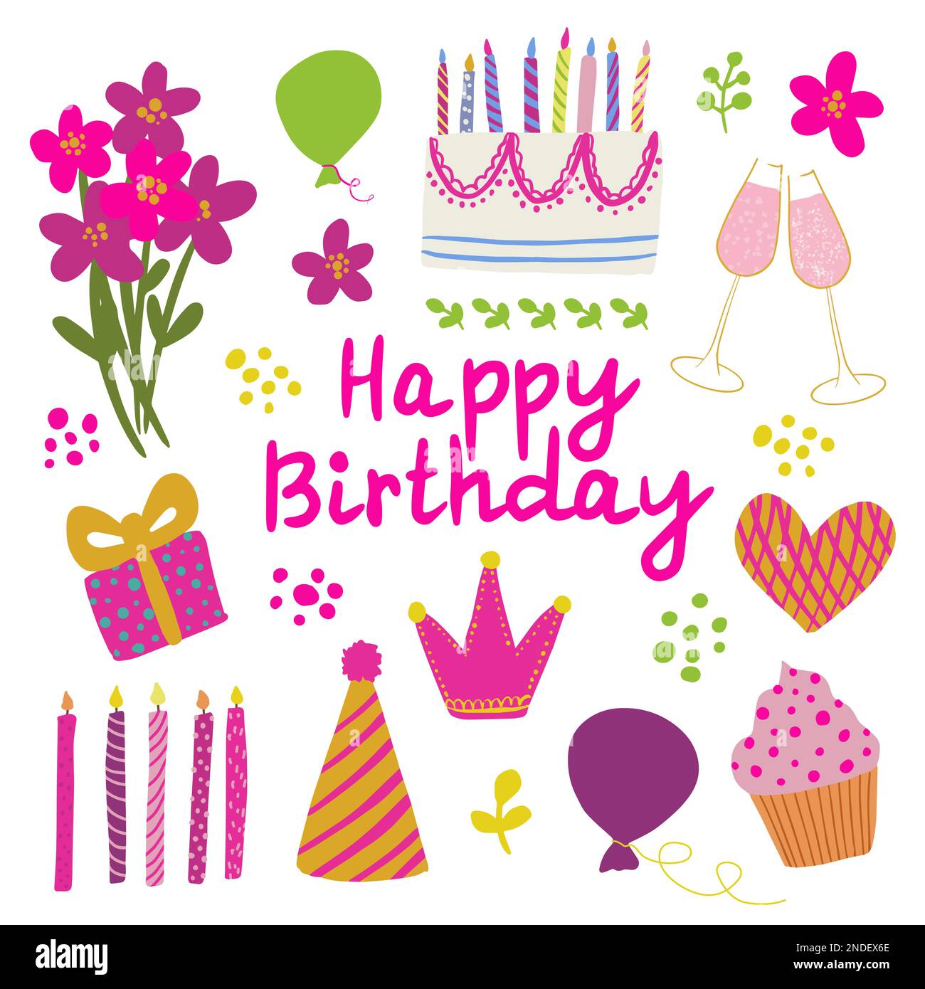 Happy birthday pink vector set. Flowers, candles, heart, glasses