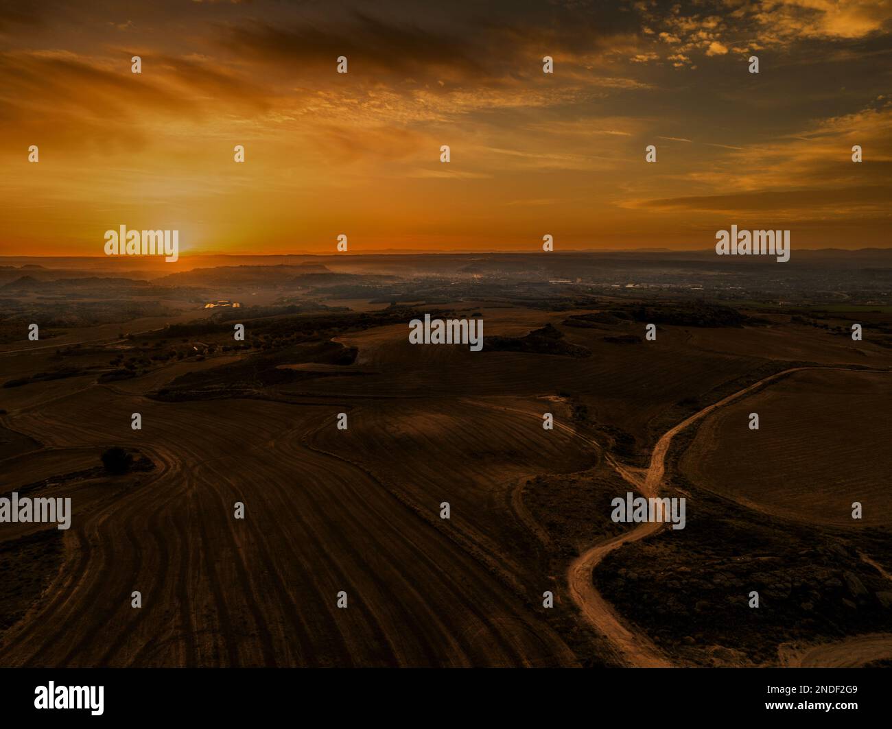 Sunset over the mountains of Caspe in Spain, aerial view Stock Photo