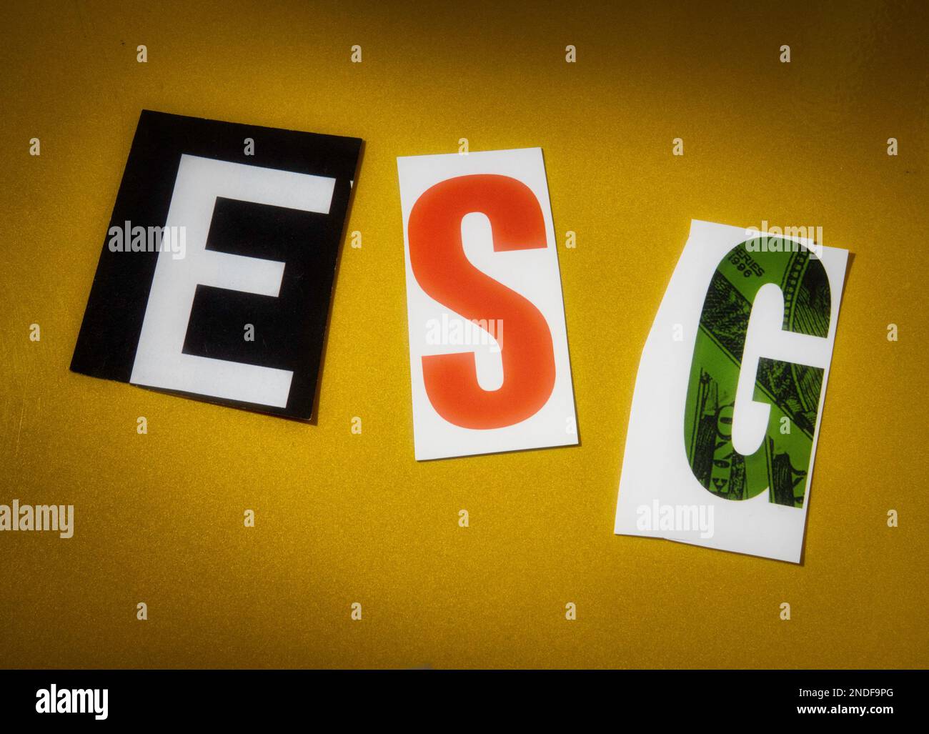 The acronym 'ESG'  (environmental social governance) using cut-out paper letters in the ransom note effect typography, USA Stock Photo