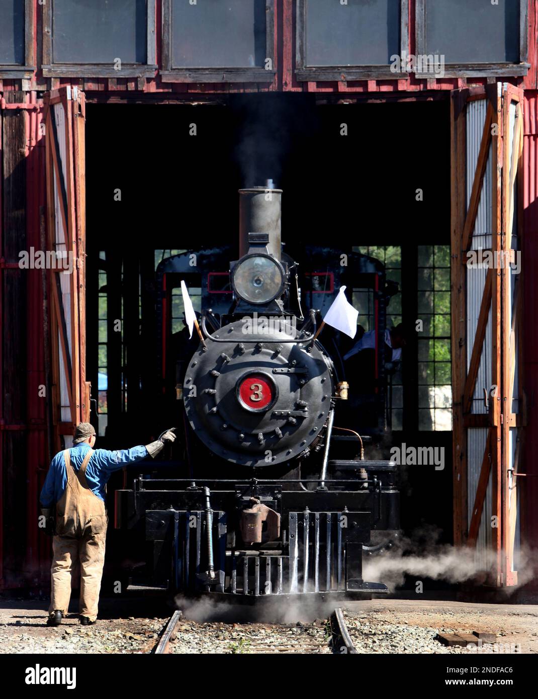The restored Sierra No 3 steam engine emerges from the roundhouse at ...