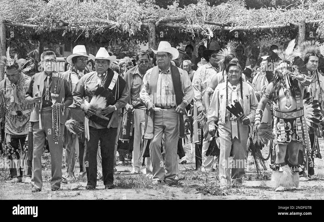 Tribal chiefs of the Comanche and Ute Indian tribes dance sidebyside