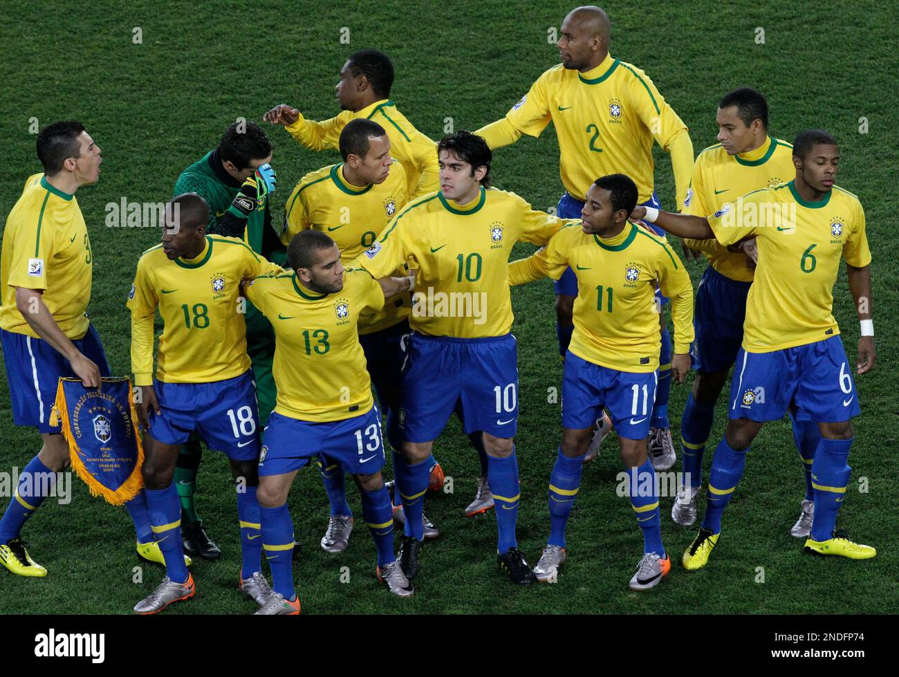 Brazil players, front row from left, Ramires, Daniel Alves, Kaka, Robinho,  Michel Bastos, back row from left, Lucio, Julio Cesar, Luis Fabiano, Juan,  Maicon, and Gilberto Silva pose for a team photo