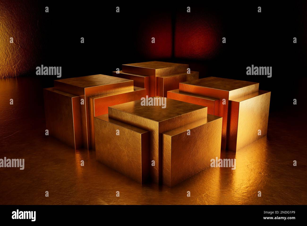 A 3d of Gold leaf covering product advertisement stages. Multi-dimensional square blocks to present Stock Photo