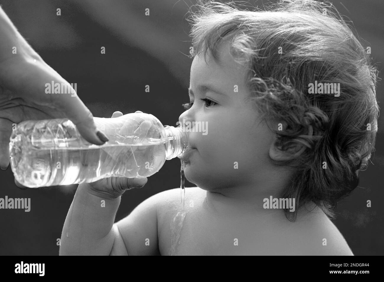 Baby kids drinking water from mother hands. Baby boy with curly blond hair drinking water in the park, holding plastic bottle, outdoor. Stock Photo
