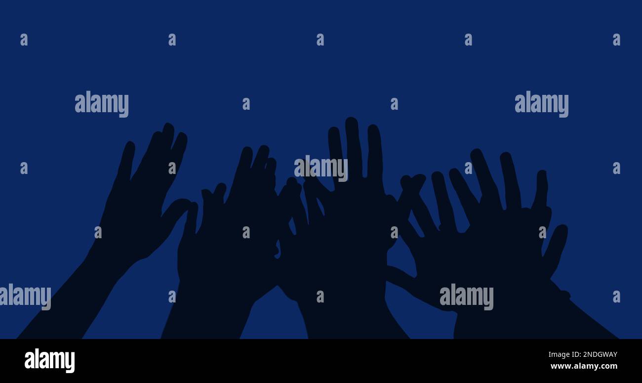 Image of raising hands with copy space on blue background Stock Photo ...